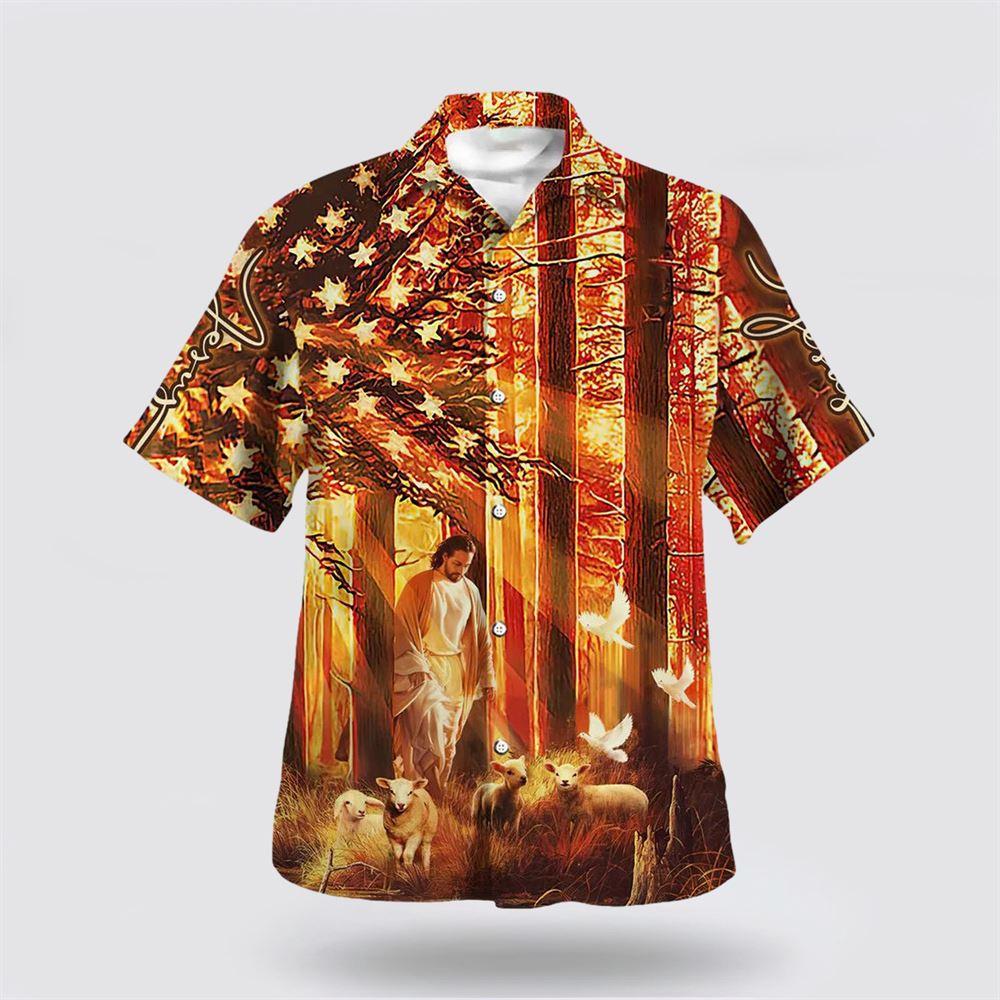 Jesus Walking In The Forest With The Sheep Hawaiian Shirt – Gifts For Jesus Lovers