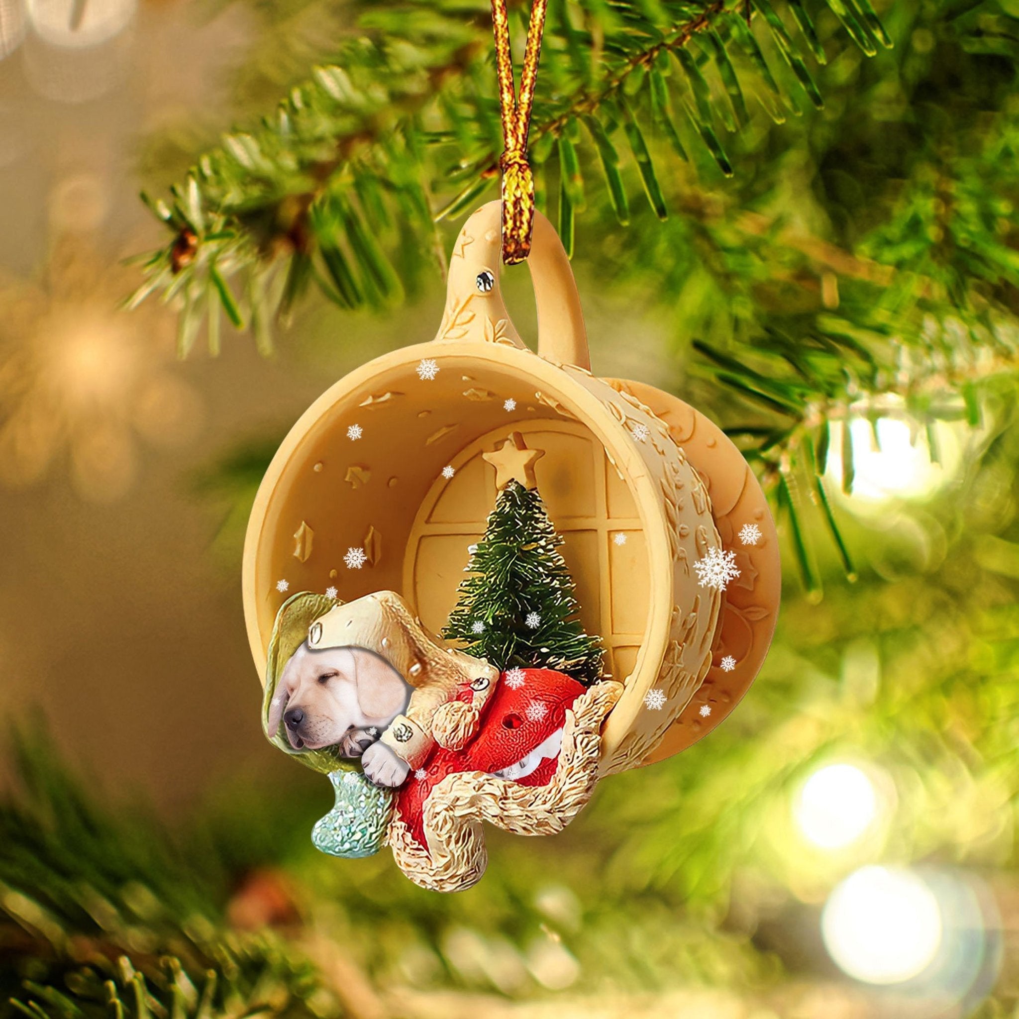 Labrador Retriever Sleeping In A Tiny Cup Christmas Holiday-Two Sided Christmas Plastic Hanging Ornament Labrador Retriever Sleeping In A Tiny Cup Christmas Holiday-Two Sided Christmas Plastic Hanging Ornament