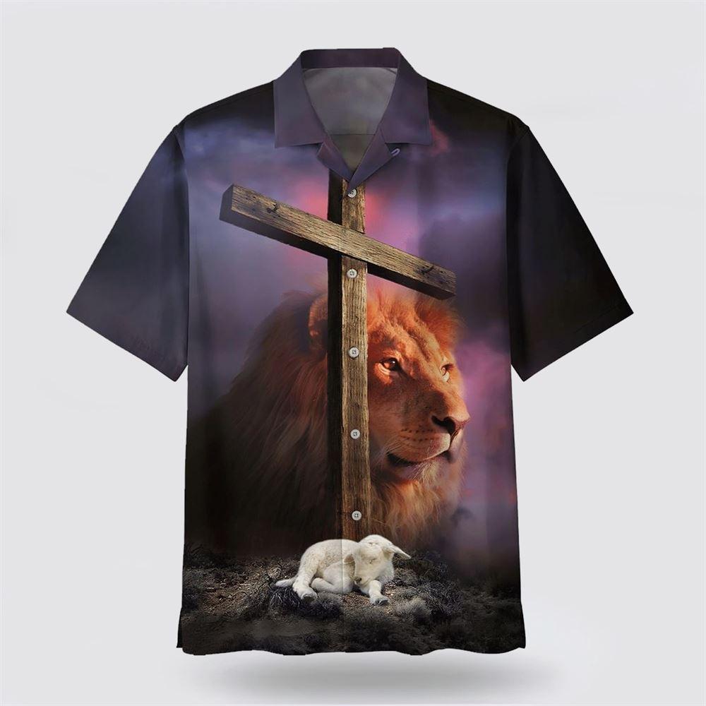 Lion Sheep Wooden Cross Hawaiian Shirts – Gifts For Jesus Lovers