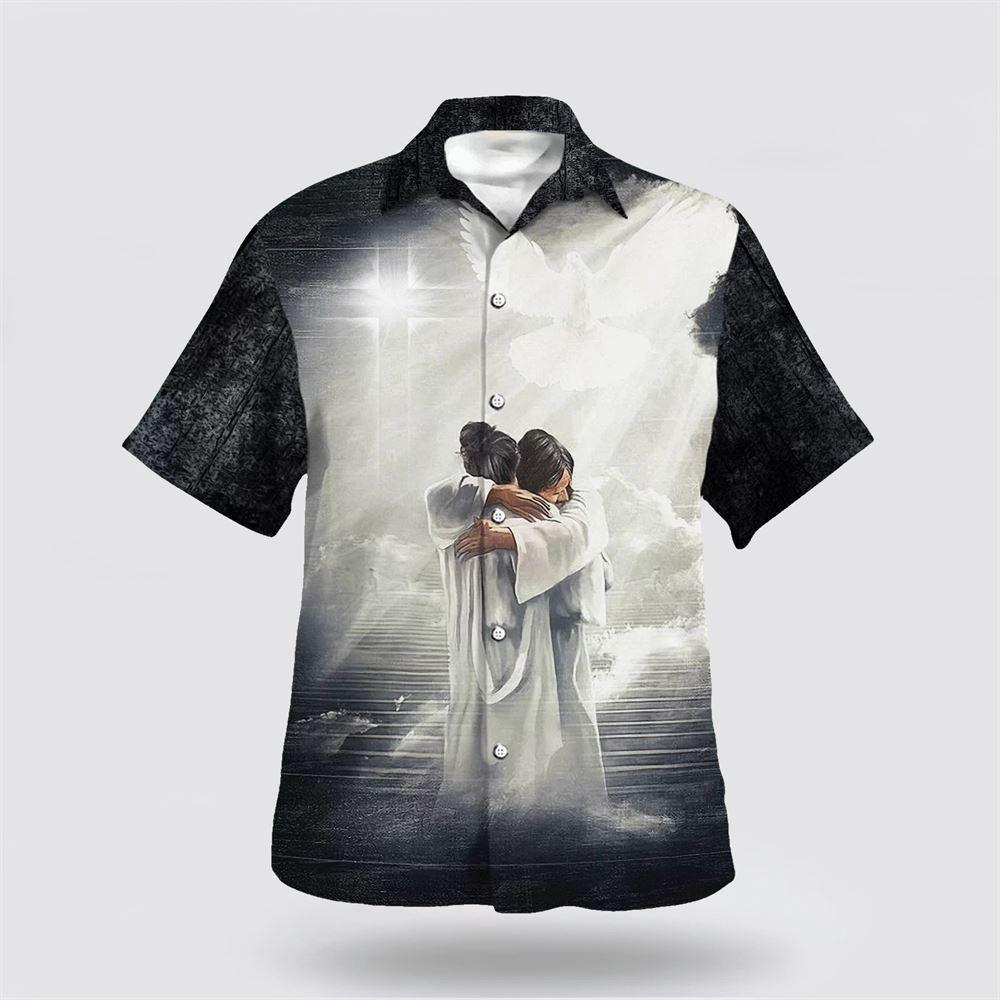 Man Hugging Jesus In Heaven Hawaiian Shirts – Gifts For Jesus Lovers