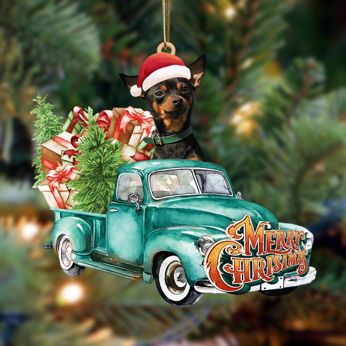 Miniature Pinscher Green Truck Hanging Christmas Plastic Hanging Ornament – Christmas Decor