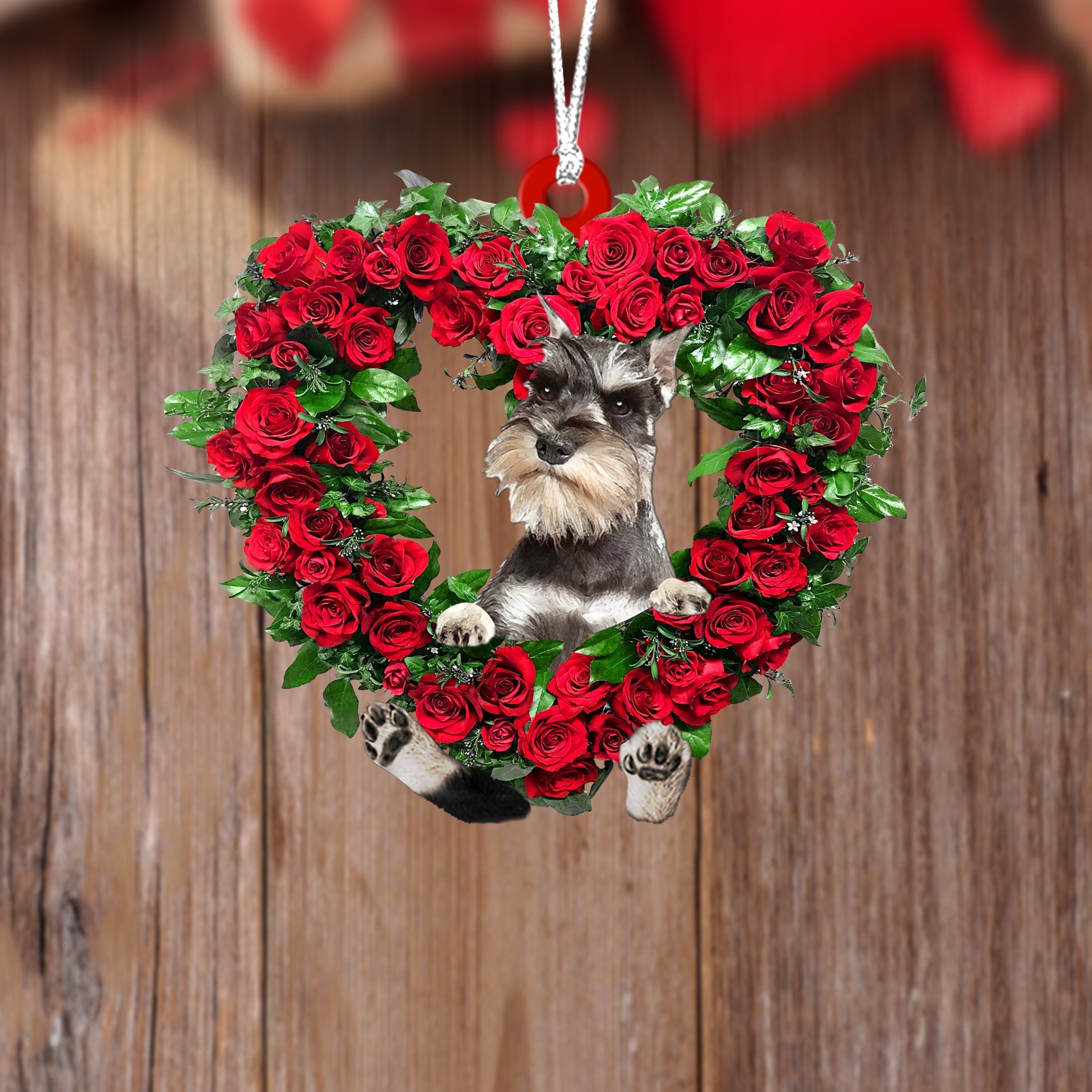Miniature Schnauzer-Heart Wreath Two Sides Christmas Plastic Hanging Ornament – Dog Memorial Gift