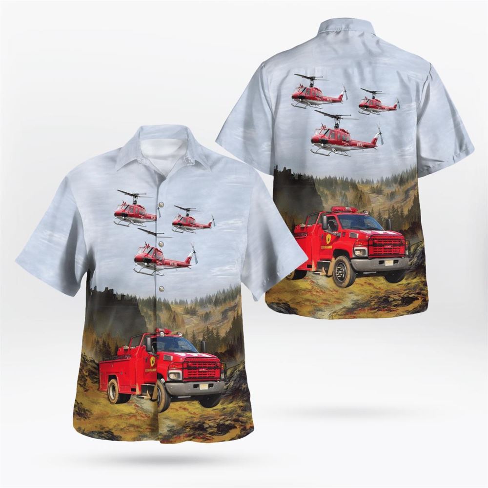 New Jersey Forest Fire Service Brush Truck B44 And 1974 Bell UH-1H Iroquois (Huey) N107NJ Hawaiian Shirt – Gifts For Firefighters In New Jersey
