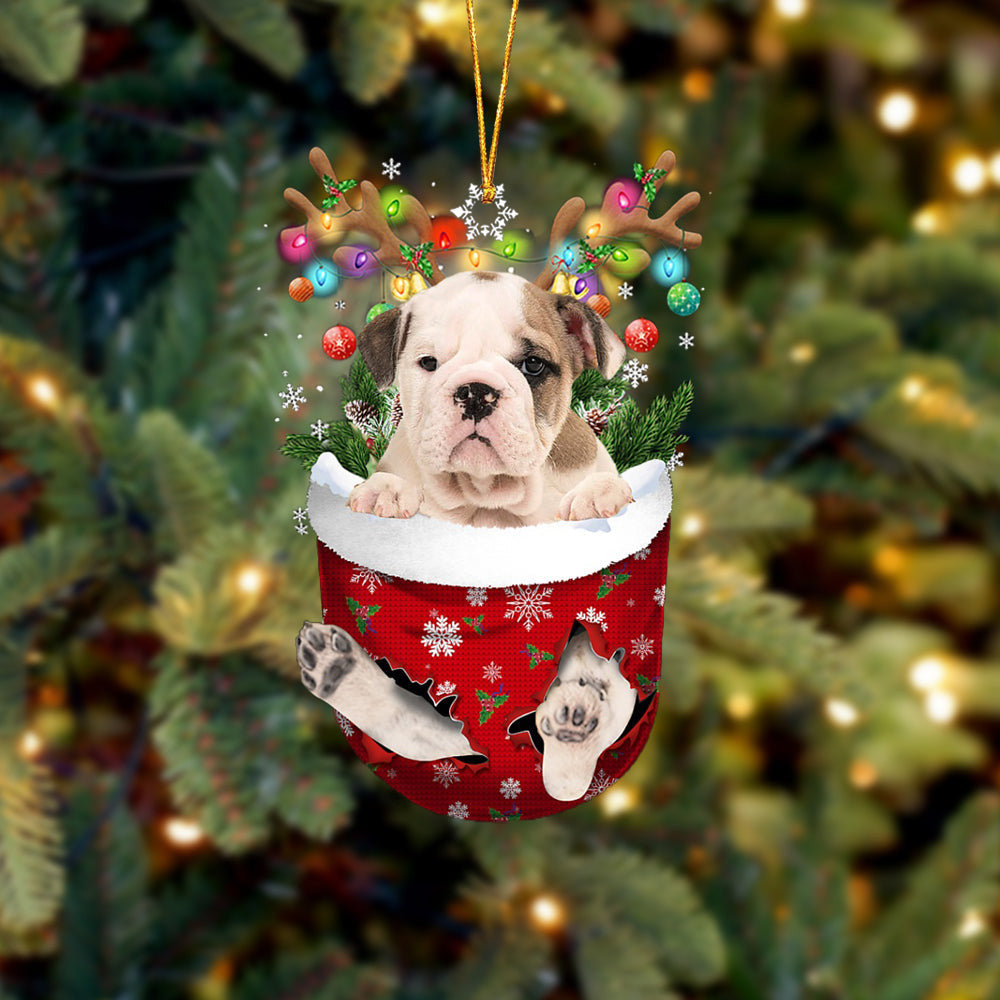 Old English Bulldog In Snow Pocket Christmas Ornament – Gifts For Pet Lovers – Flat Acrylic Dog Ornament