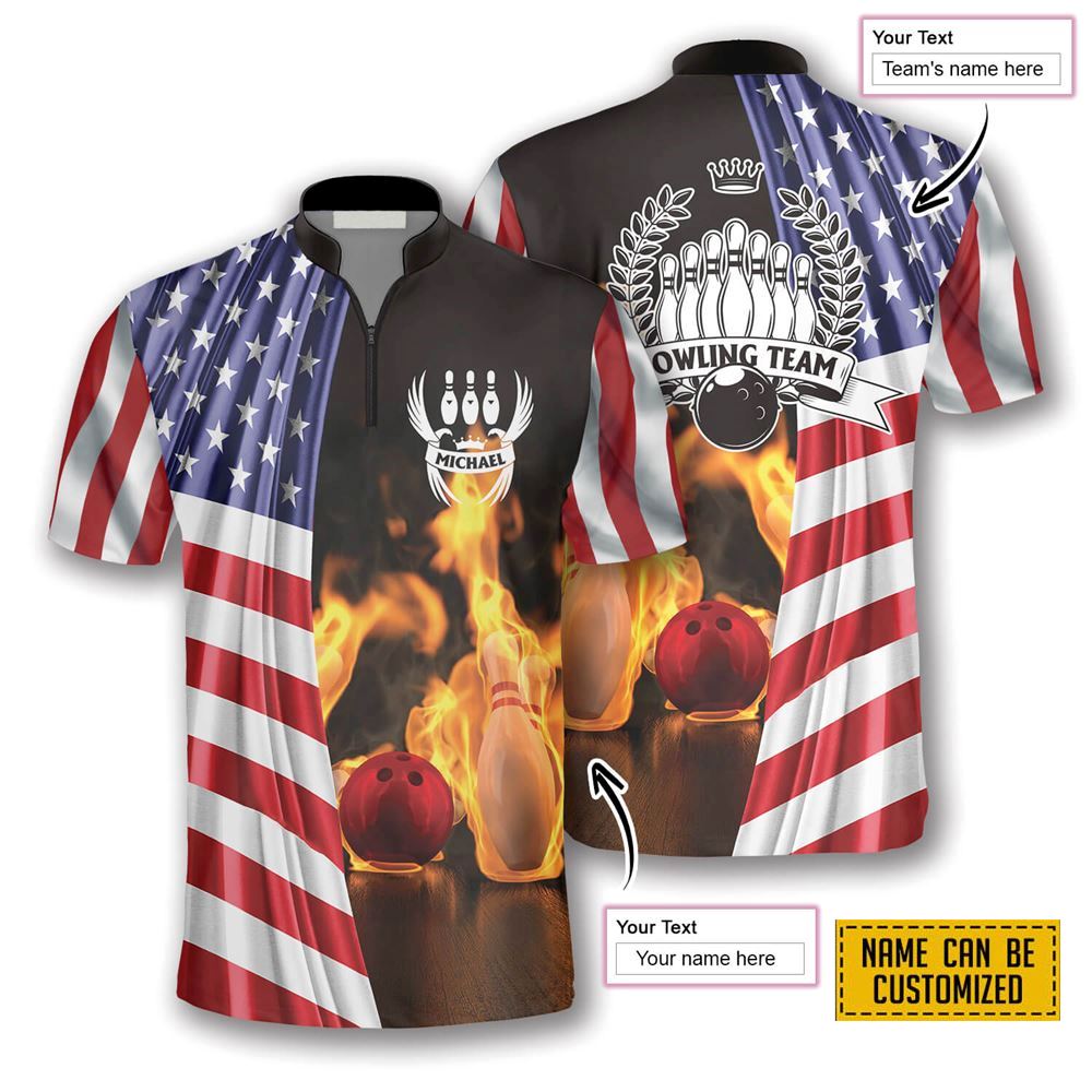 On Fire Us Flag Bowling Personalized Names And Team Jersey Shirt – Gift For Bowling Enthusiasts