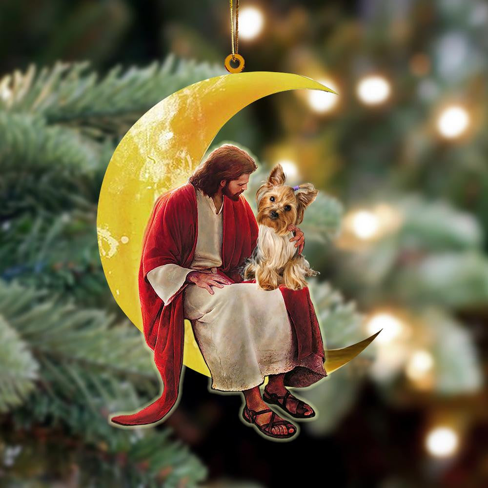 Pamaheart- Yorkshire Terrier And Jesus Sitting On The Moon Hanging Ornament, Car Ornament, Christmas Ornament