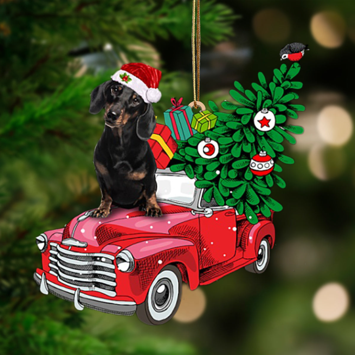 Pamaheart Black Dachshund-Pine Truck Hanging Ornament, Happy Christmas Ornament, Car Ornament, Dog Memorial Gift