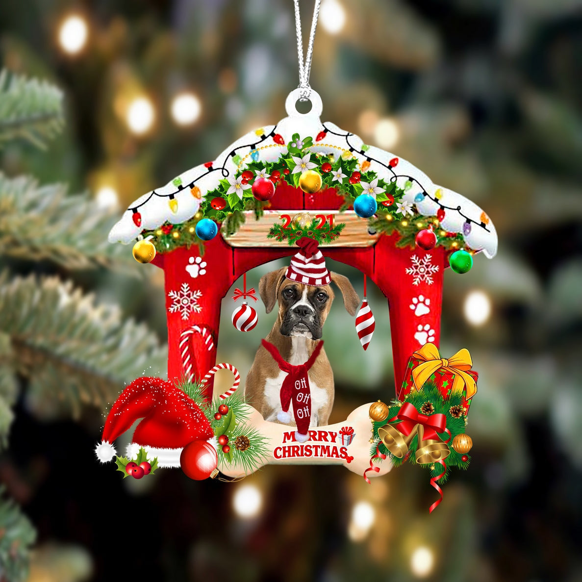 Pamaheart Boxer-Christmas House Two Sided Ornament, Happy Christmas Ornament, Car Ornament, Dog Memorial Gift