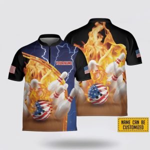 Personalized Fire American Flag Bowling Jersey Shirt&hellip;