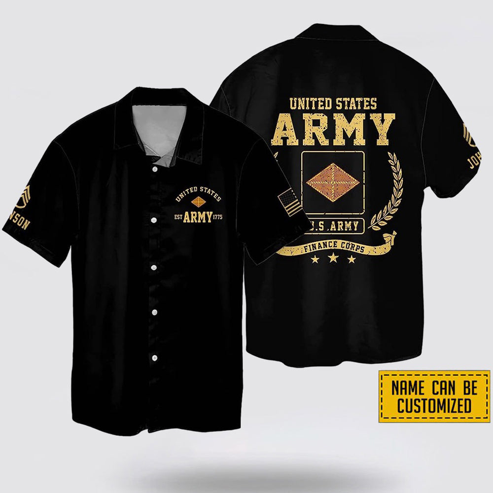 Personalized Name Rank United States Army Finance Corps EST Army 1775 Hawaiin Shirt – Beachwear Gift For Military Personnel Personalized Name Rank United States Army Finance Corps EST Army 1775 Hawaiin Shirt – Beachwear Gift For Military Personnel