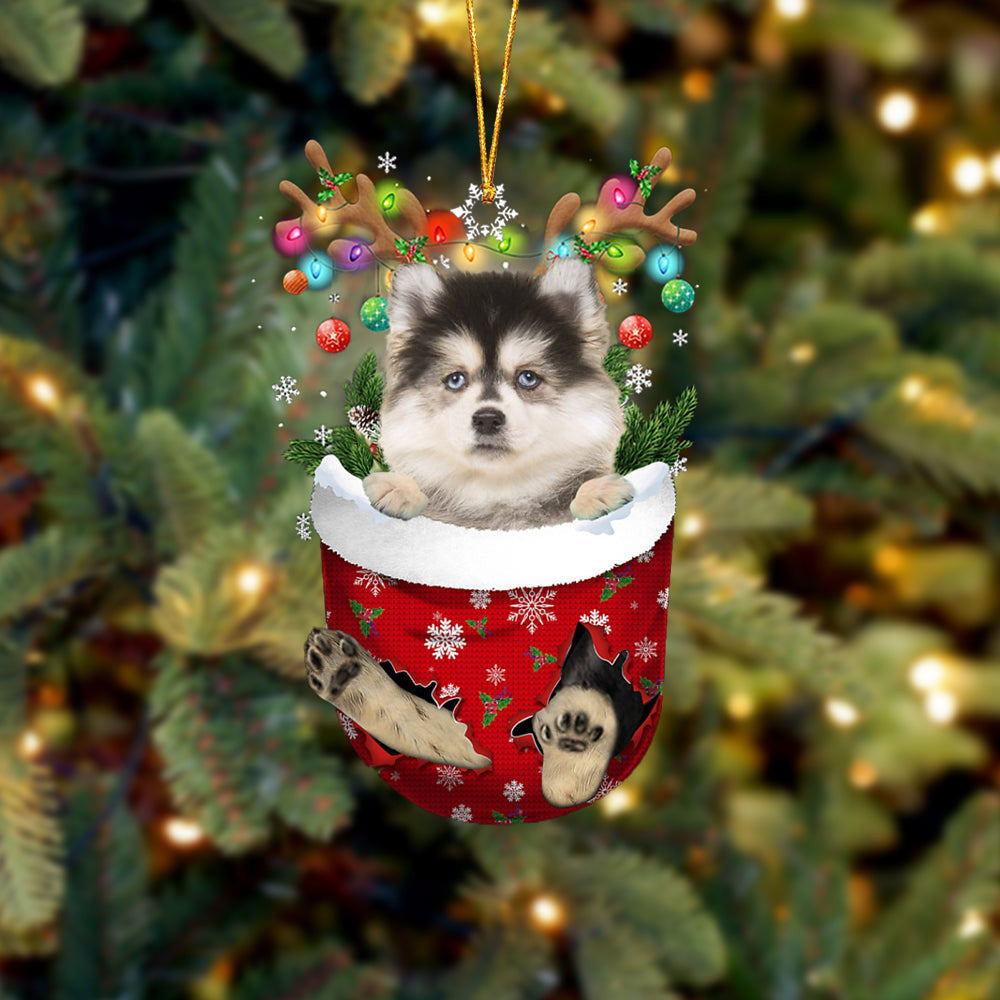 Pomsky In Snow Pocket Christmas Ornament – Dog Memorial Gift – Flat Acrylic Dog Ornament