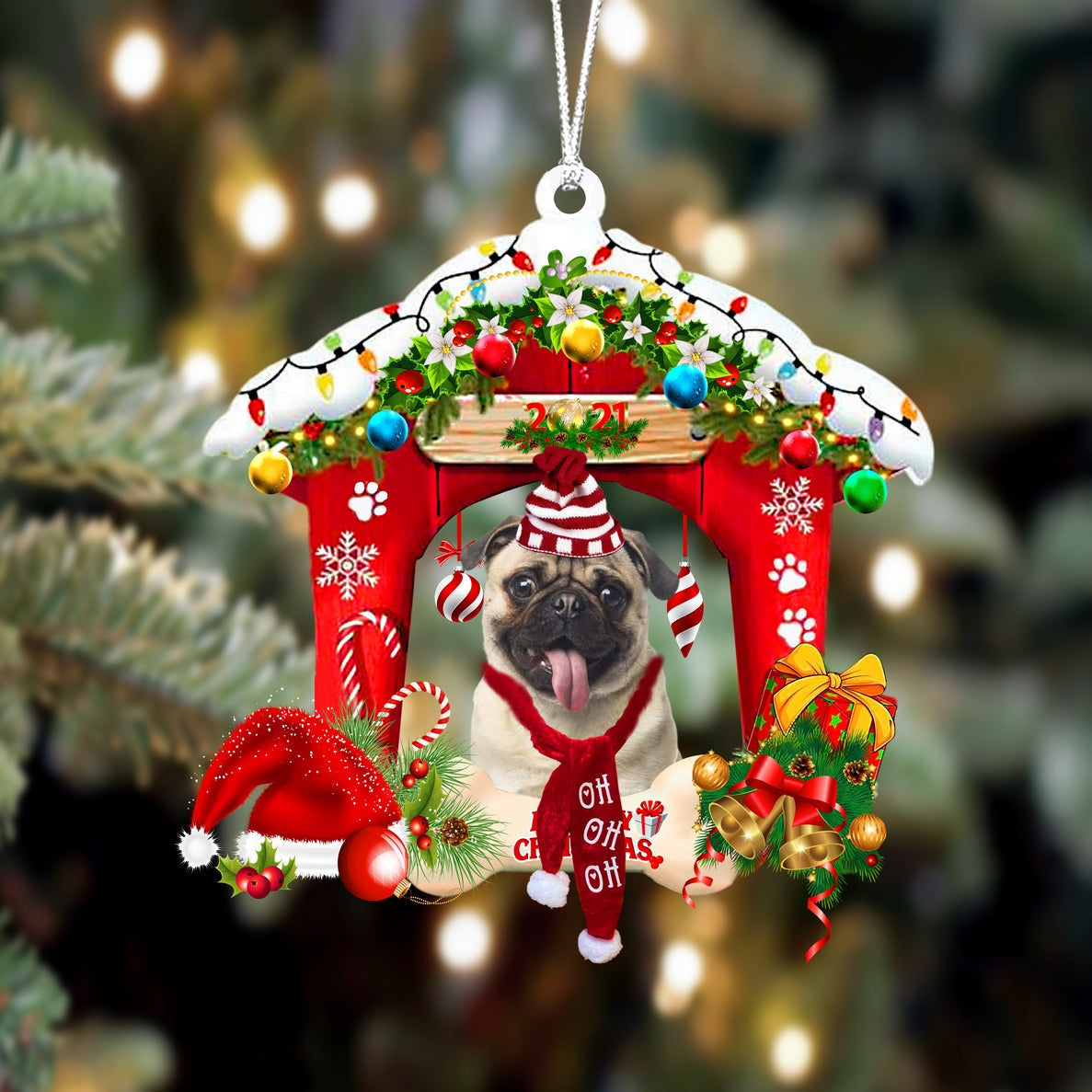 Pug-Christmas House Two Sided Christmas Plastic Hanging Ornament Dog Memorial Gift