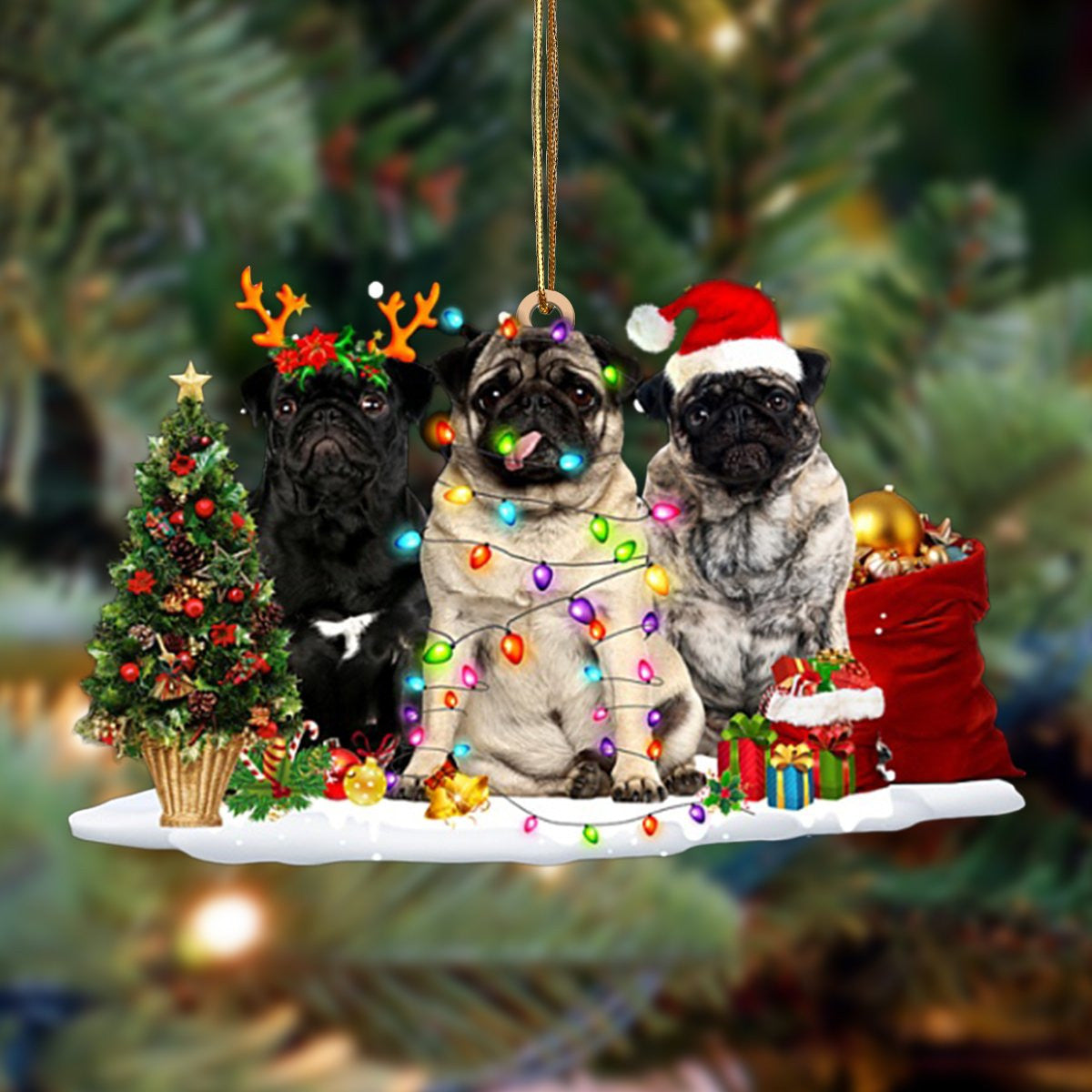 Pug Christmas Dog Friends Hanging Christmas Plastic Hanging Ornament – Christmas Decor