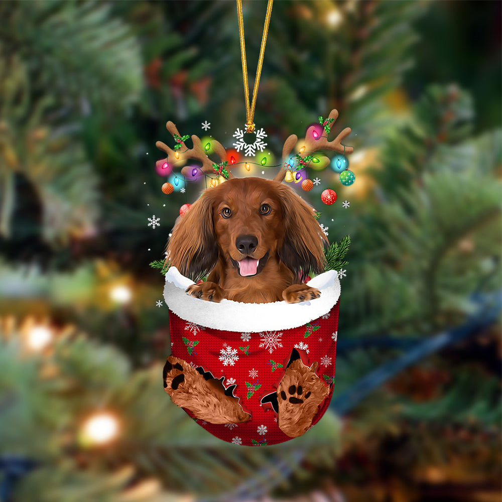Red Long Haired Dachshund-In Christmas Pocket Two Sides Christmas Plastic Hanging Ornament