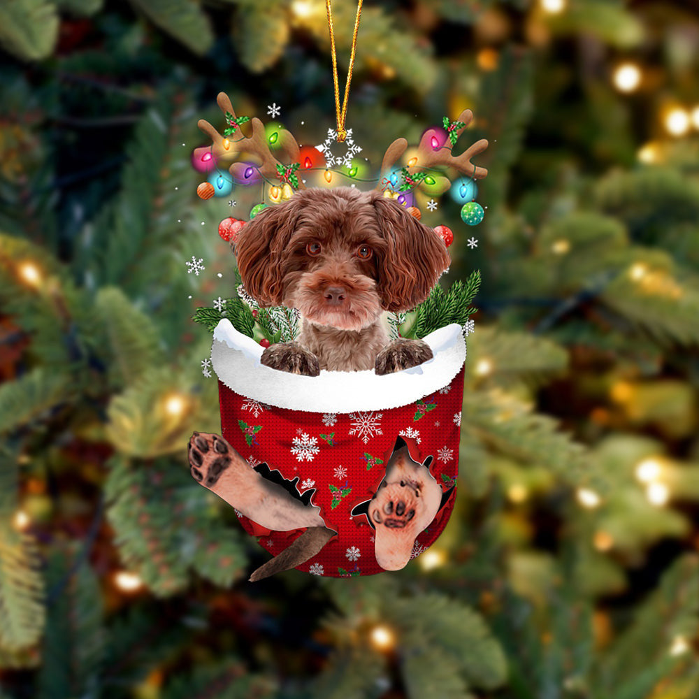 Red Schnoodle In Snow Pocket Christmas Ornament – Dog Memorial Gift – Flat Acrylic Dog Ornament