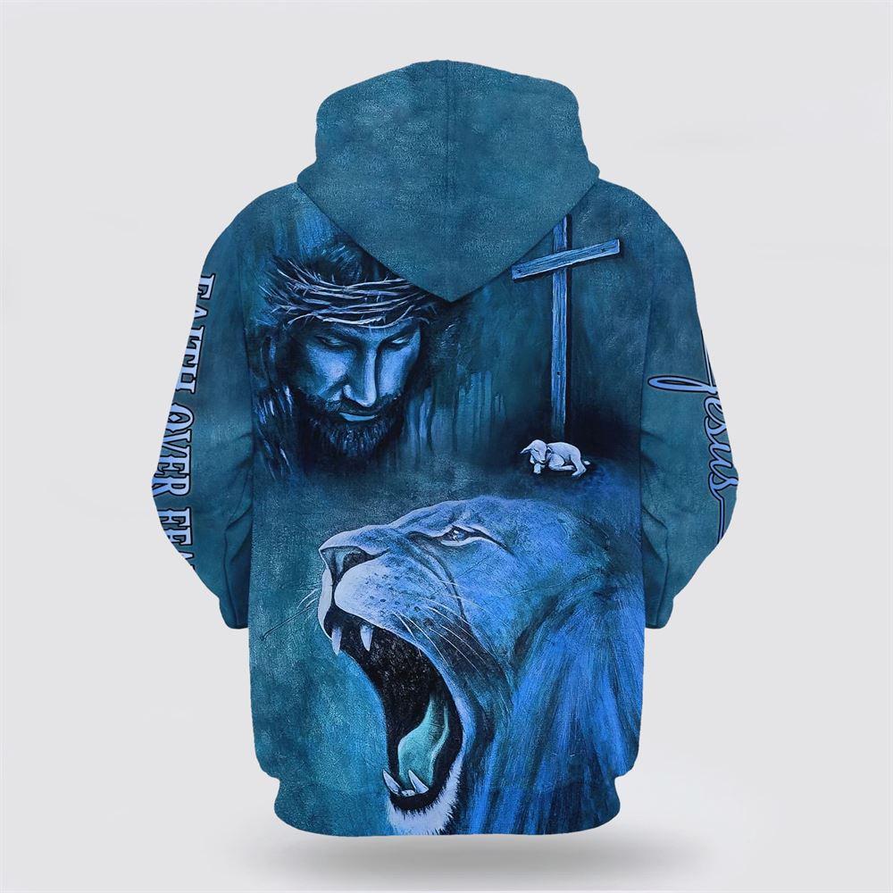 Roaring Blue Lion And Jesus Faith Over Fear All Over Print 3D Hoodie – Gifts For Christians