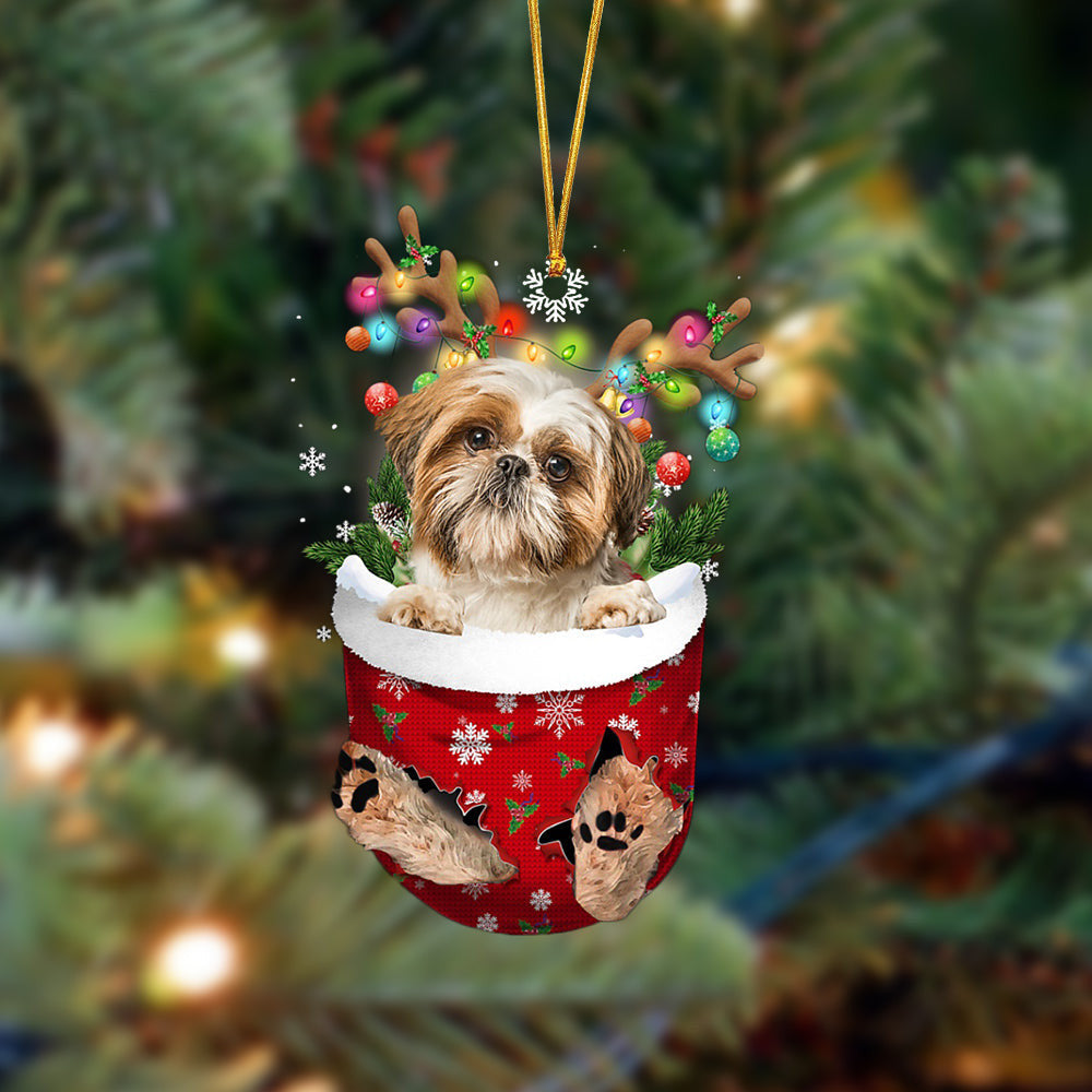 Shi Tzu In Christmas Pocket Two Sides Christmas Plastic Hanging Ornament – Funny Ornament