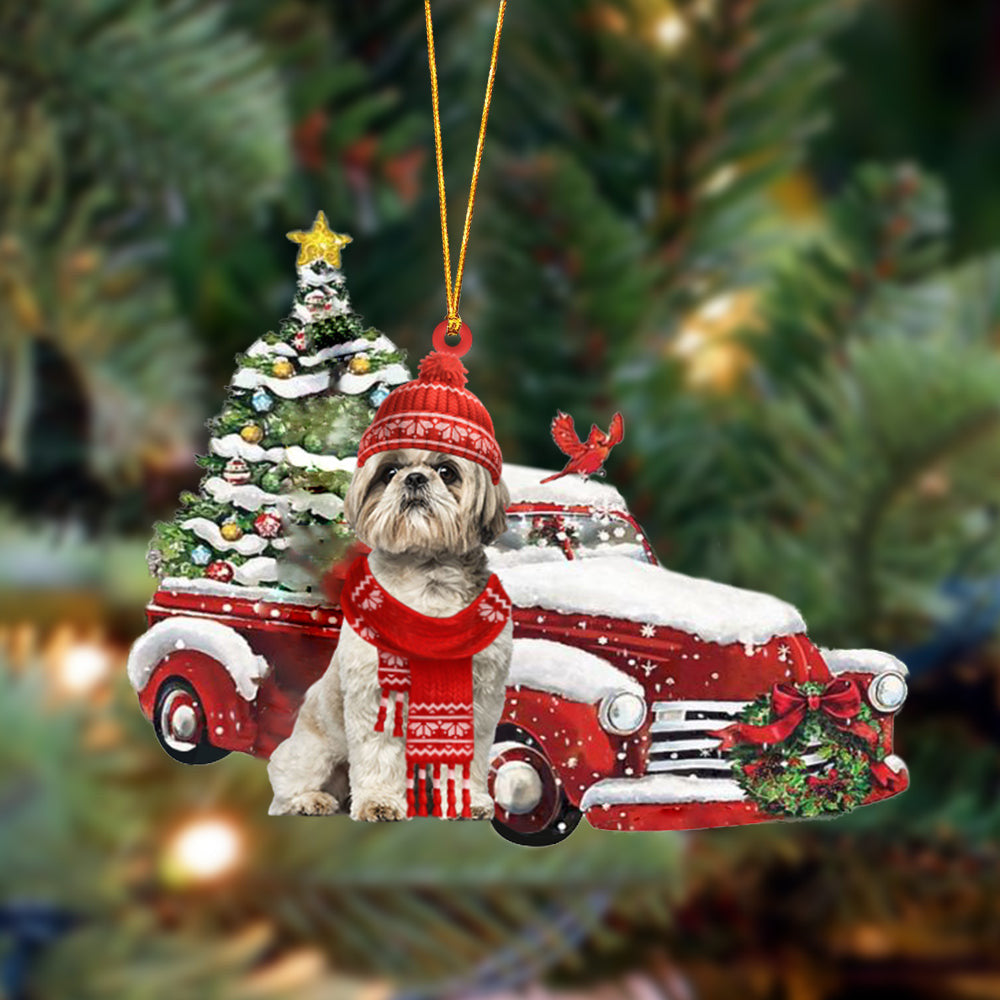 Shih Tzu Christmas Car Two Sided Christmas Plastic Hanging Ornament Xmas Decoration