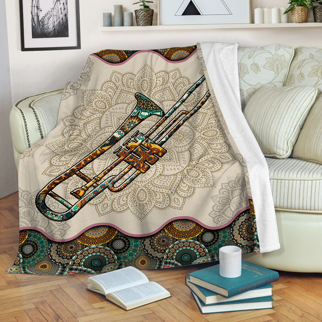 Trombone Vintage Mandala Music Bed Blankets – Fleece Throw Blanket – Weighted Blanket To Sleep