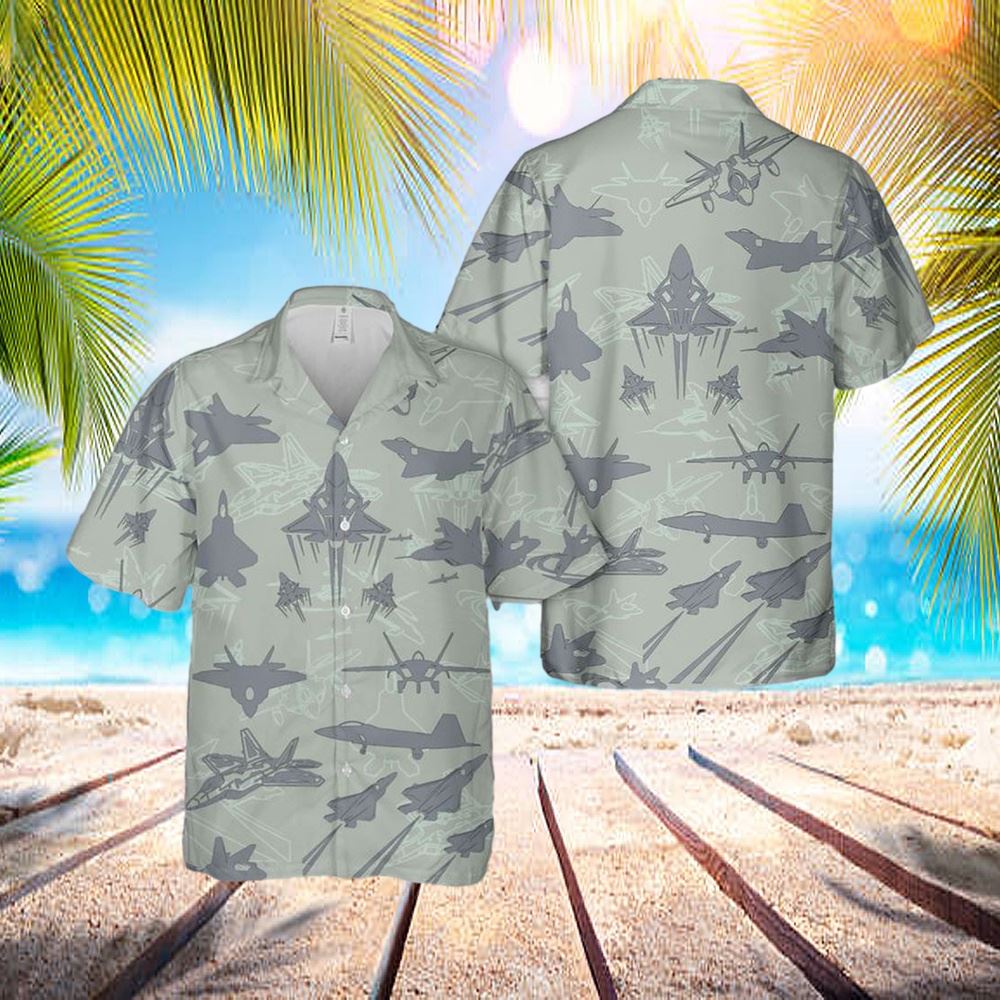 Us Air Force Lockheed Martin F-22 Raptor Aircraft Silhouettes Hawaiian Shirt – Hawaiian Outfit For Men