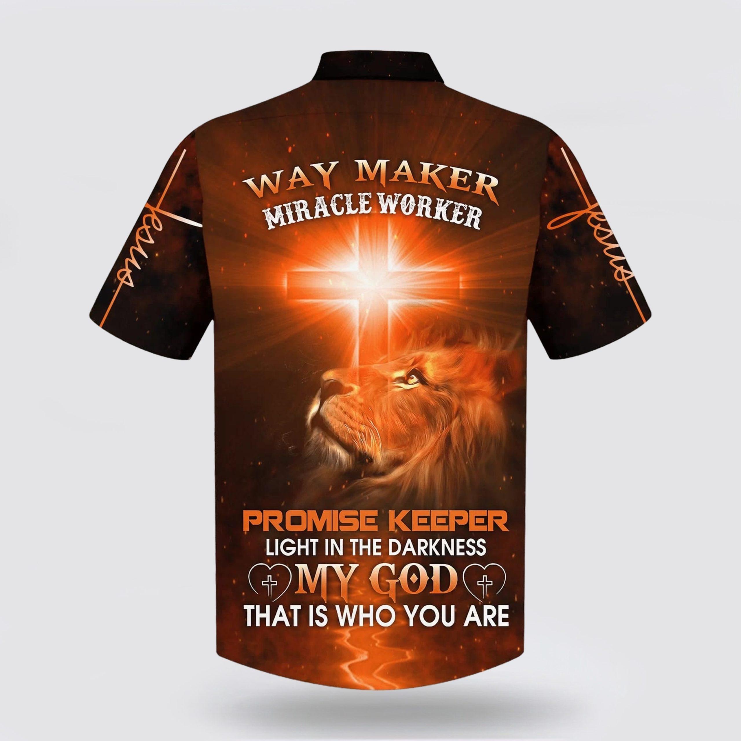 Way Maker Miracle Worker Promise Keeper Light In The Darkness My God That Is Who You Are Lion Cross Hawaiian Shirt – Gifts For Christian Families