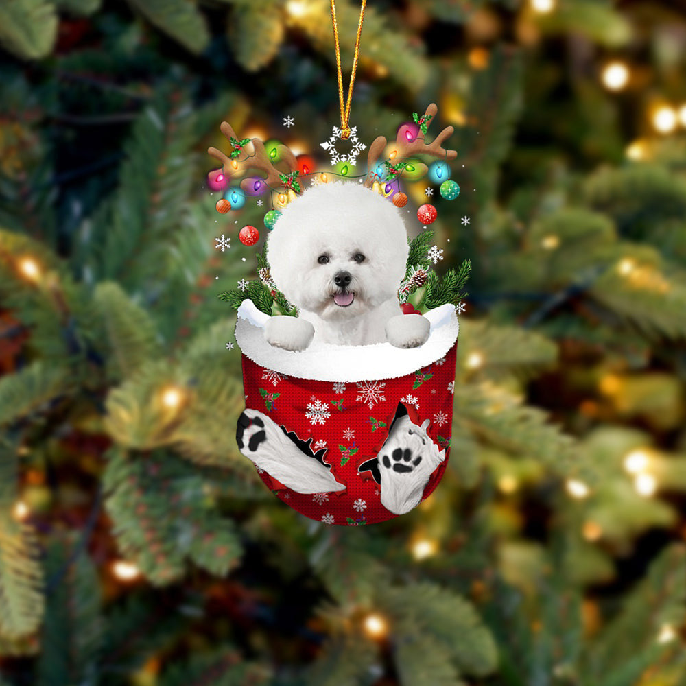 White Bichon Frise In Snow Pocket Christmas Ornament – Flat Acrylic Dog Ornament – Funny Ornament