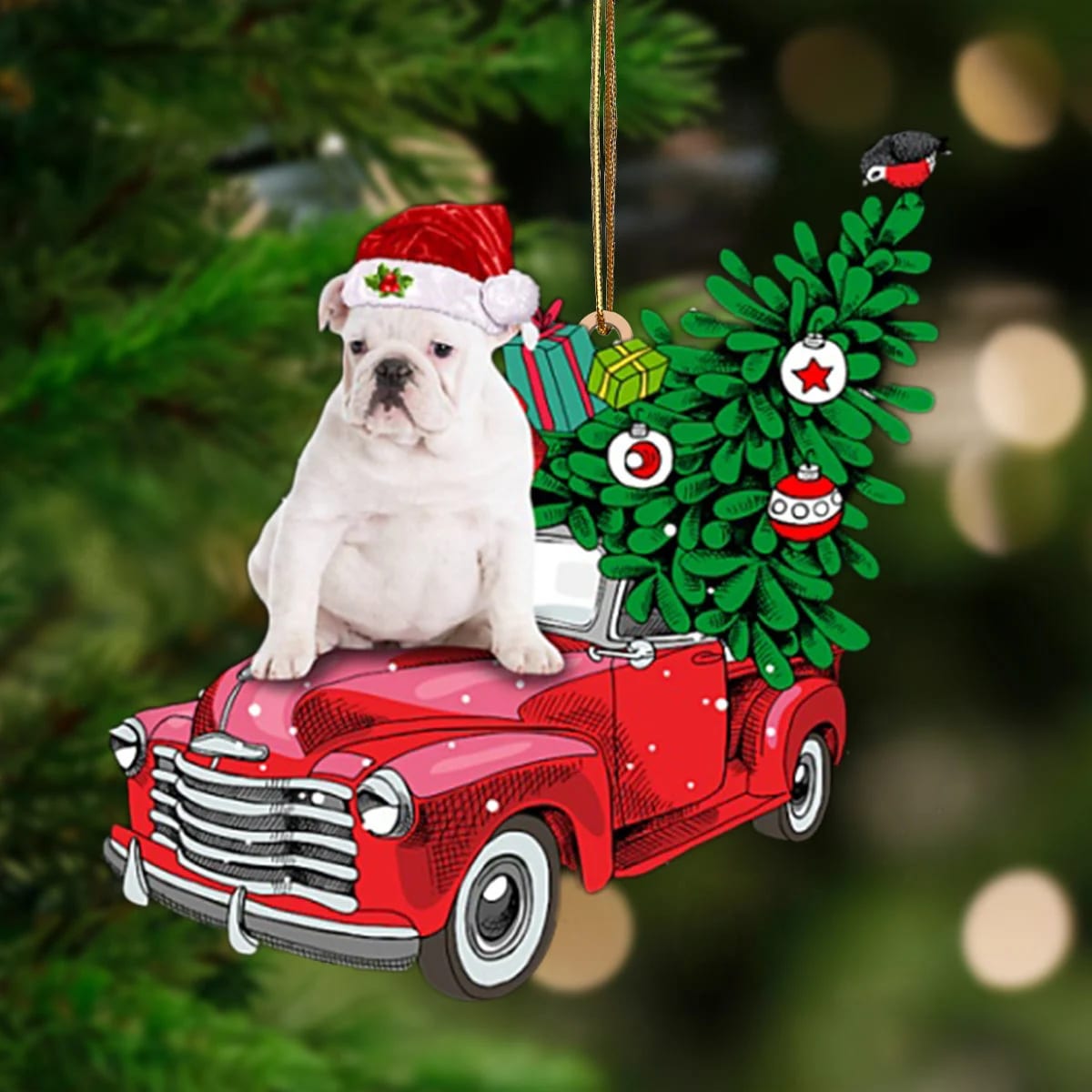 White English Bulldog-Pine Truck Hanging Christmas Plastic Hanging Ornament – Holiday Ornaments