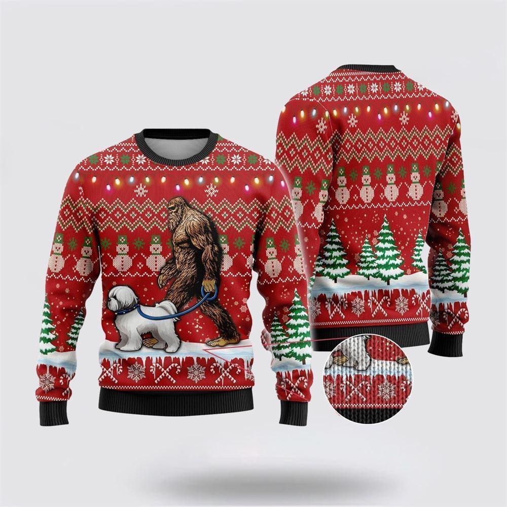 Bigfoot Goes To Spend Christmas With Bichon Frise Ugly Christmas Sweater – Best Gift For Christmas