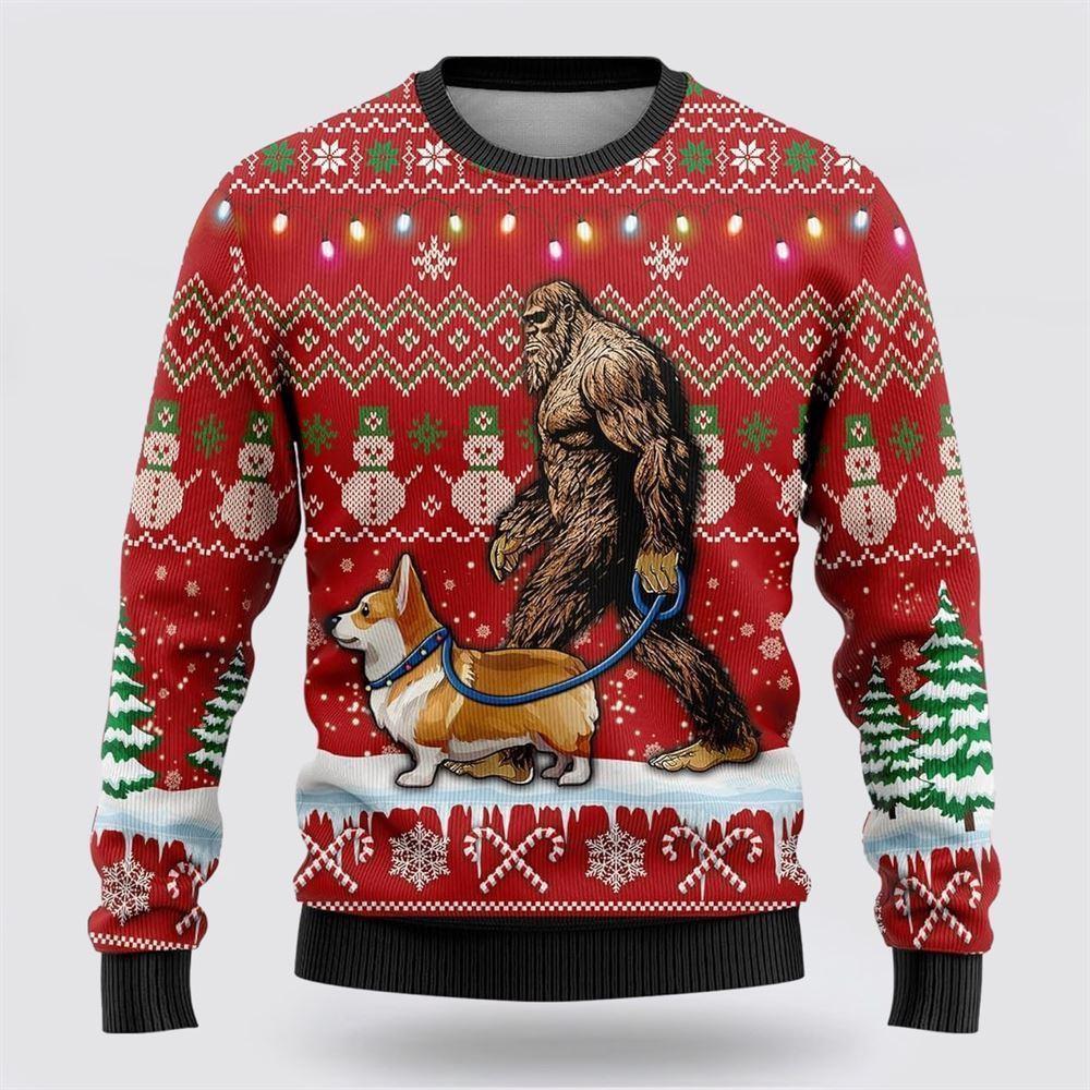 Bigfoot Goes To Spend Christmas With Corgi Ugly Christmas Sweater – Best Gift For Christmas