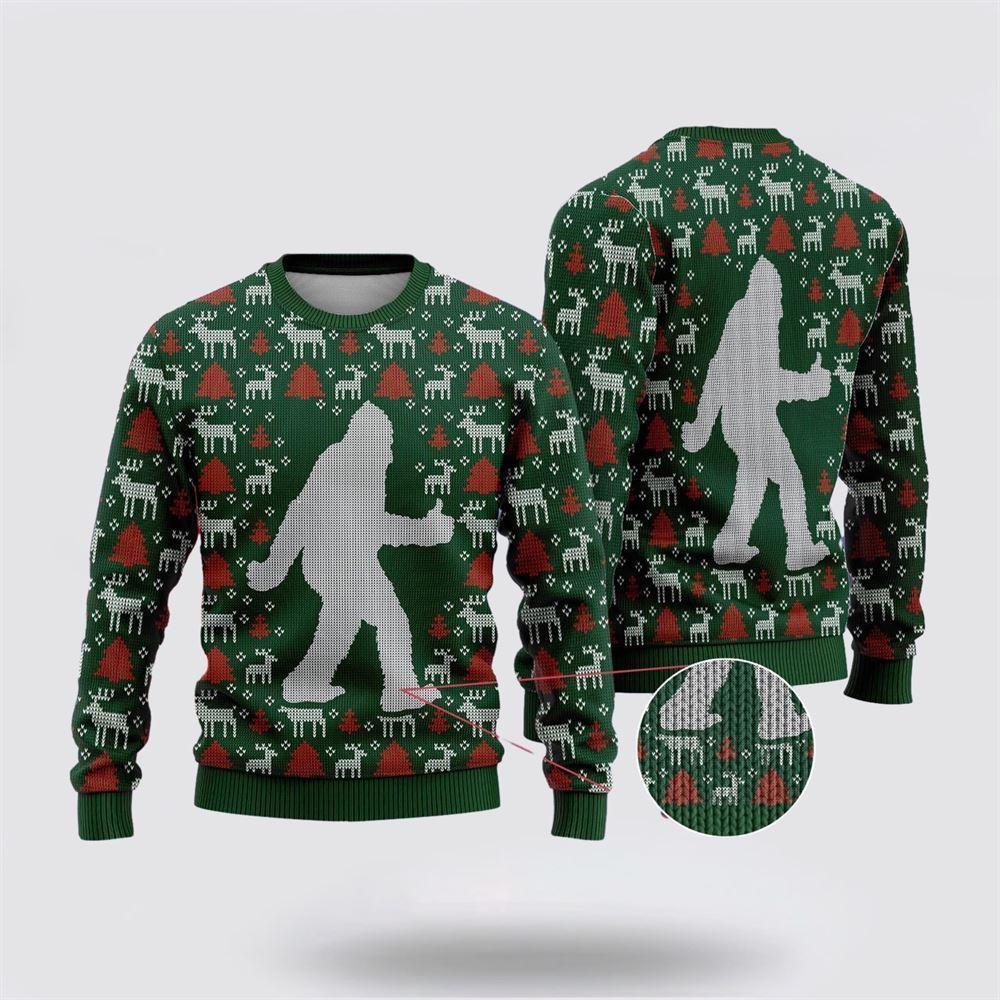 Bigfoot Reindeer And Pine Tree Motifs Green Pattern Ugly Christmas Sweater – Best Gift For Christmas