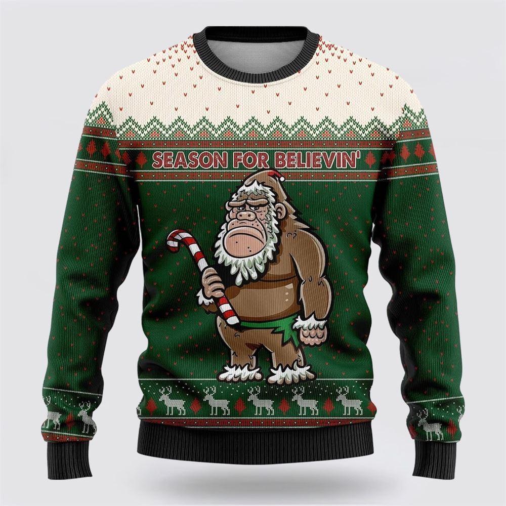 Bigfoot Season For Believin Green And White Pattern Ugly Christmas Sweater – Best Gift For Christmas