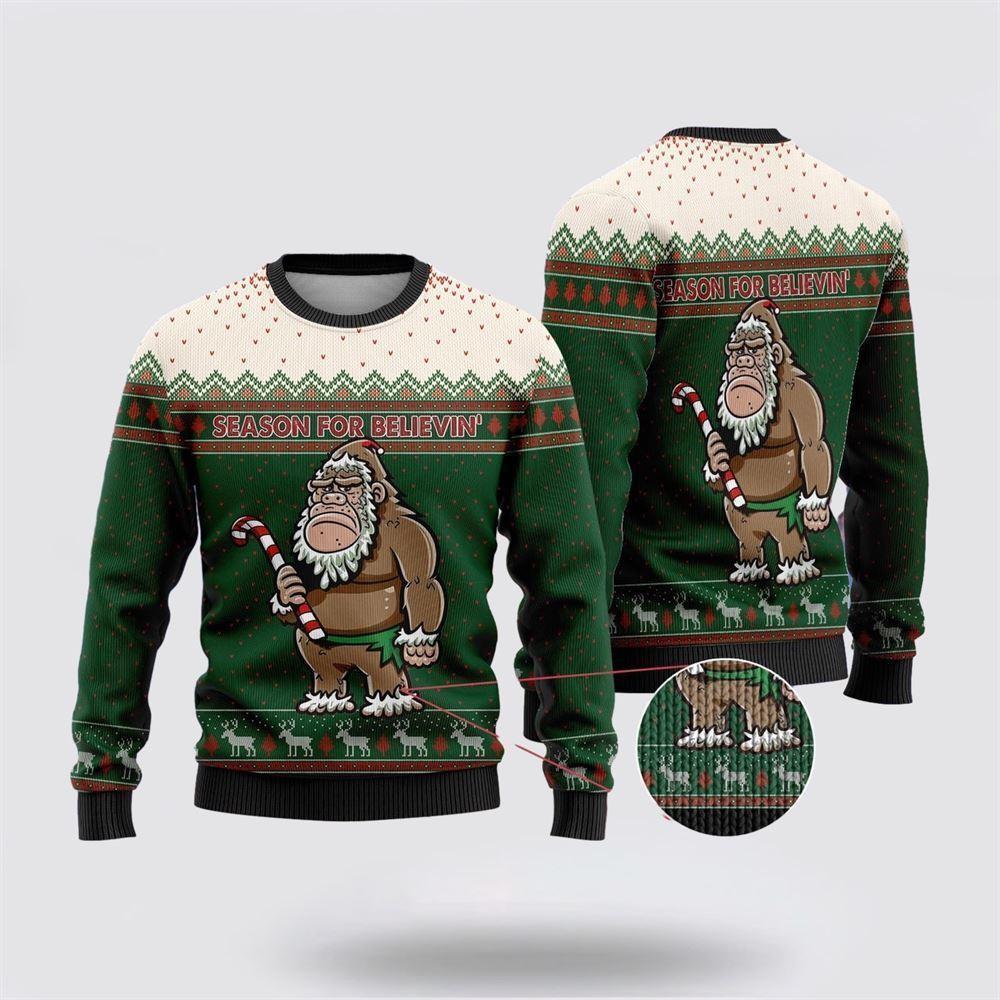 Bigfoot Season For Believin Green And White Pattern Ugly Christmas Sweater – Best Gift For Christmas