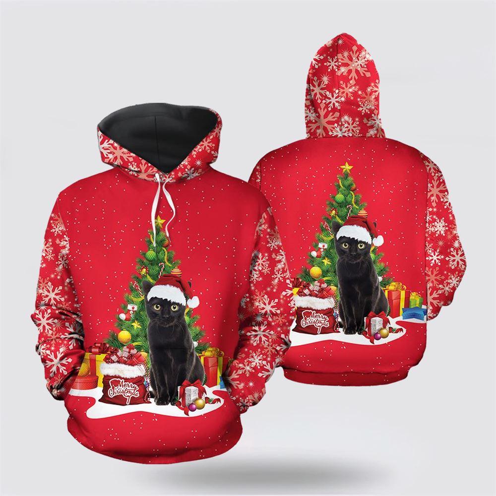 Black Cat Christmas Tree All Over Print 3D Hoodie – Cat Lover Christmas Hoodie