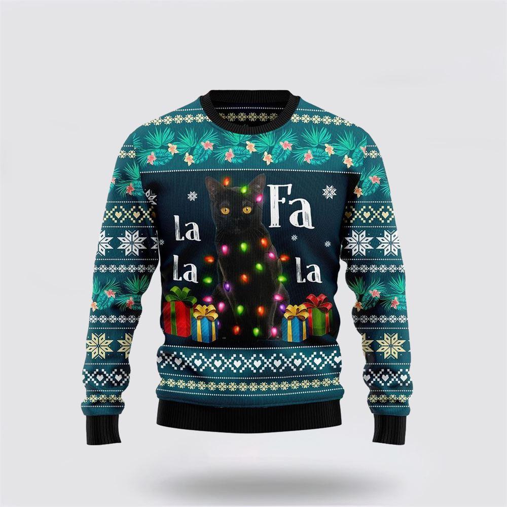 Black Cat Falalala Ugly Christmas Sweater – Cat Lover Christmas Sweater