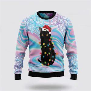 Black Cat Hologram Pattern Ugly Christmas Sweater&hellip;