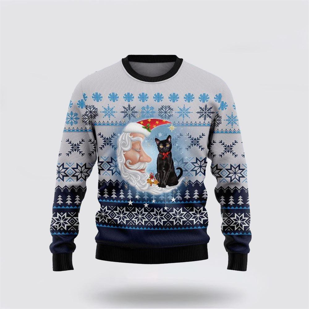 Black Cat Love Santa Moon Ugly Christmas Sweater – Cat Lover Christmas Sweater