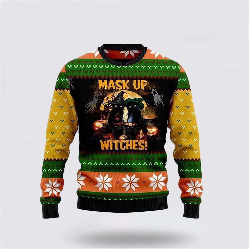 Black Cat Mask Up Witches Ugly Christmas Sweater – Cat Lover Christmas Sweater Black Cat Mask Up Witches Ugly Christmas Sweater – Cat Lover Christmas Sweater