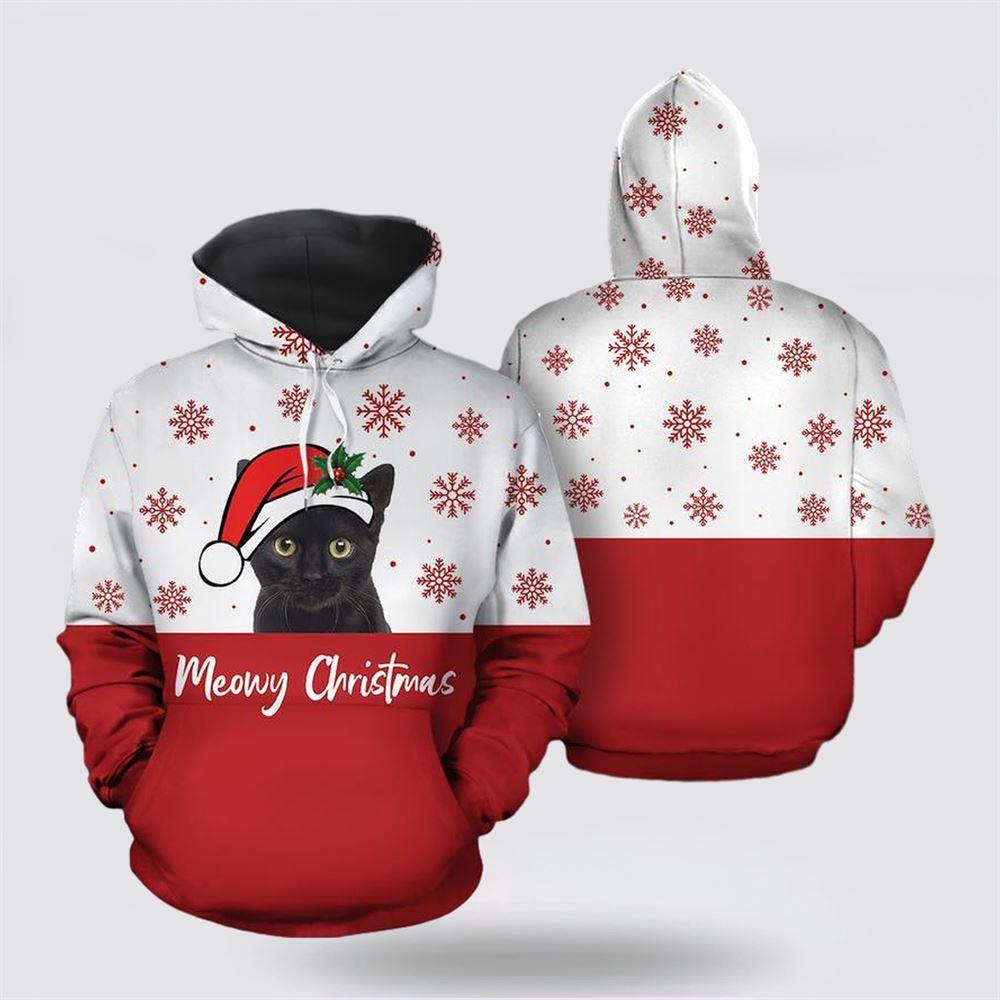 Black Cat Meowy Christmas 3D All Over Print Hoodie – Cat Lover Christmas Hoodie