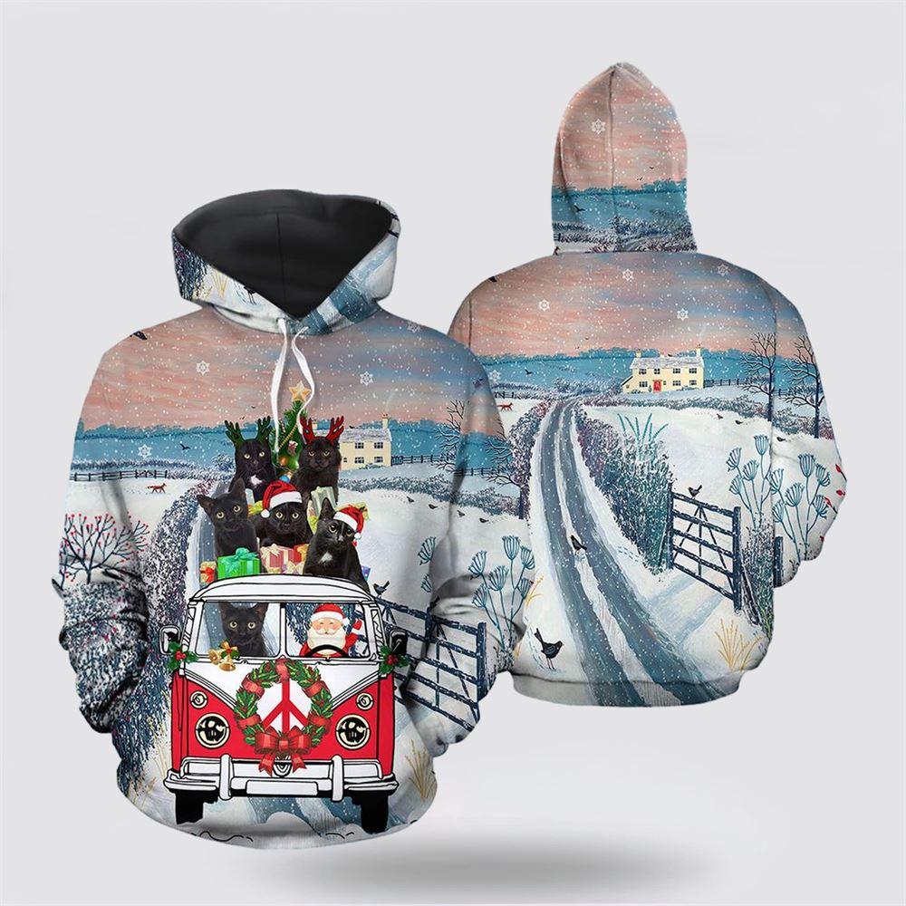 Black Cat Santa Christmas All Over Print 3D Hoodie – Cat Lover Christmas Hoodie