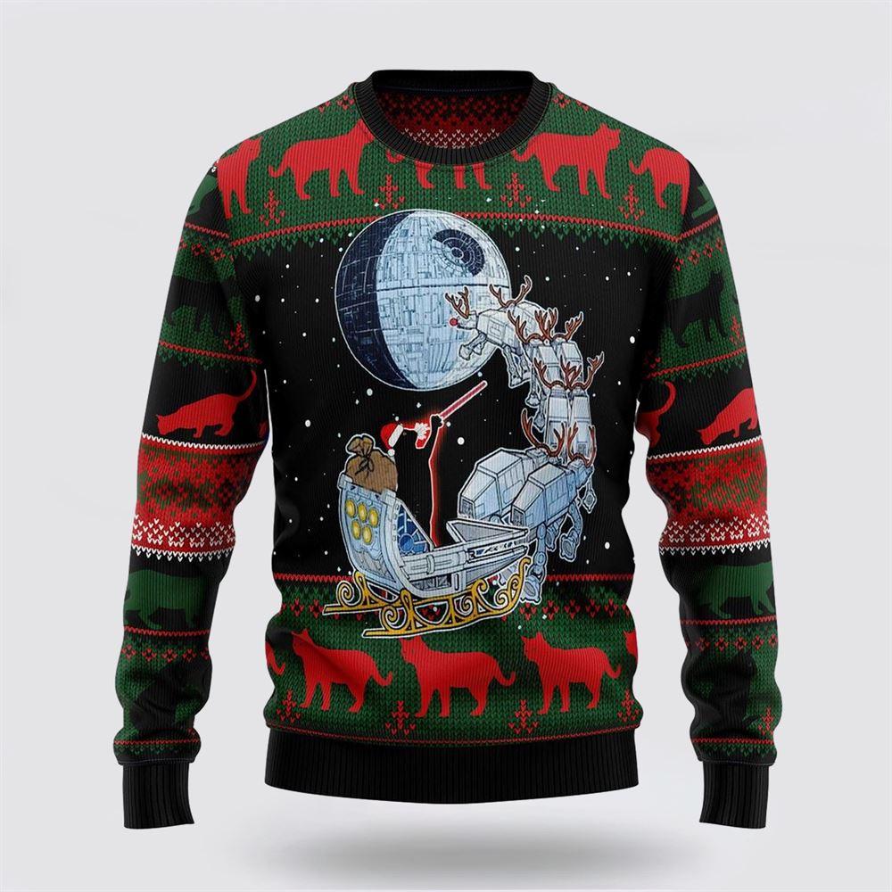 Black Cat Sleigh To Death Star Ugly Christmas Sweater – Cat Lover Christmas Sweater