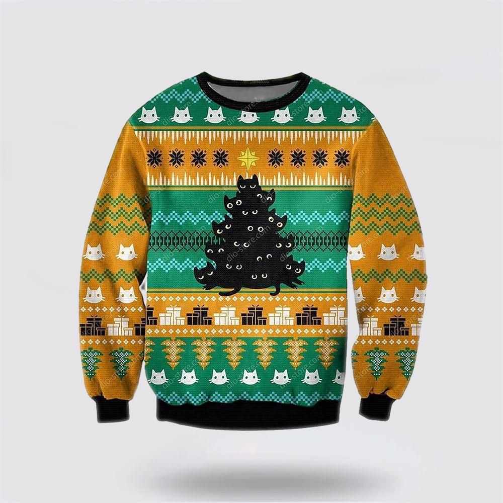 Black Cat Tree Meowy Ugly Christmas Orange Sweater – Cat Lover Christmas Sweater