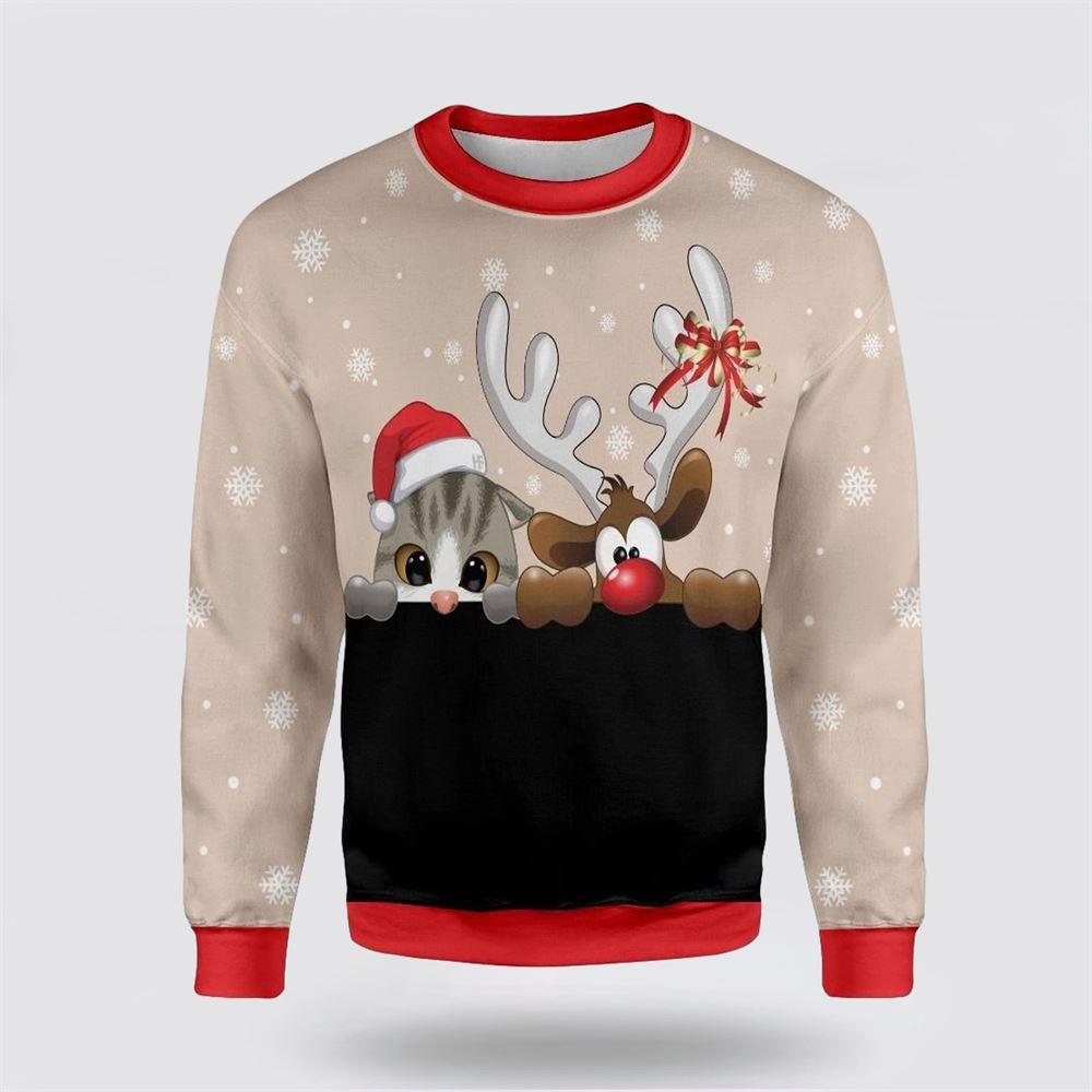 Cat And Reindeer Ugly Christmas Sweater – Cat Lover Christmas Sweater