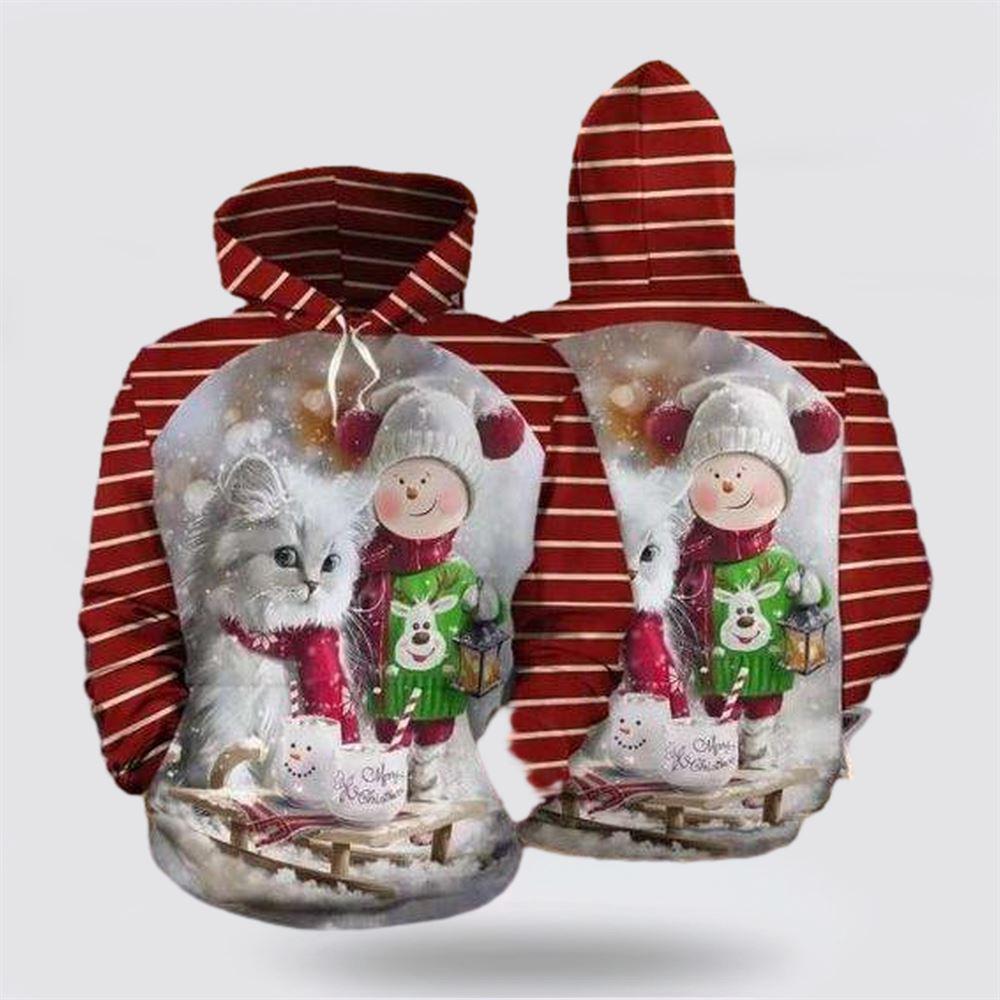 Cat Christmas Red Funny 3D All Over Print Hoodie – Cat Lover Christmas Hoodie