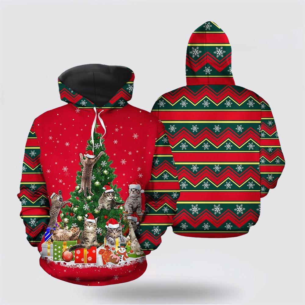 Cat Christmas Tree All Over Print 3D Hoodie – Cat Lover Christmas Hoodie