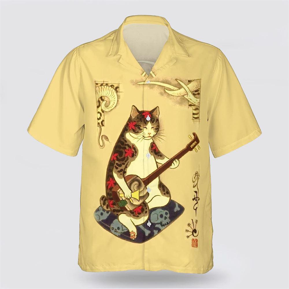 Cat Sitting Using Musical Instrument Pattern Hawaiin Shirt – Gifts For Pet Lover