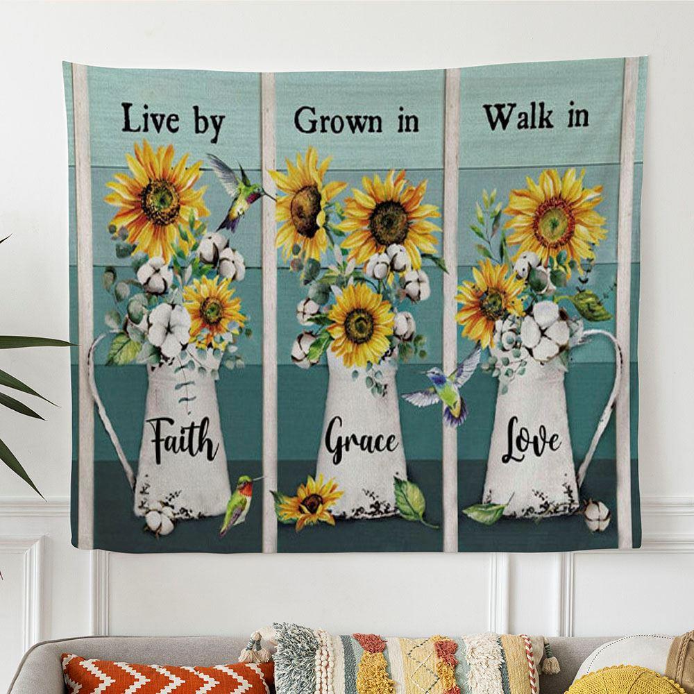Christian Wall Art Live By Faith Grow In Grace Walk In Love Hummingbird Sunflower Tapestry Print – Tapestries Gifts For Jesus Lovers