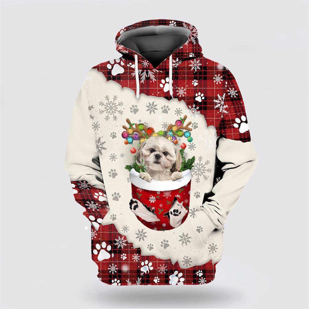 Cream Shih Tzu In Snow Pocket Merry Christmas All Over Print 3D Hoodie – Dog Lover Christmas Hoodie