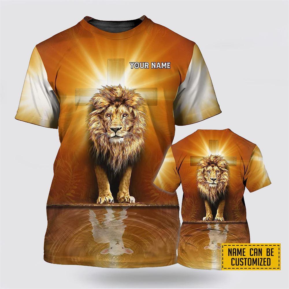 Custom Name Cool Lion With Light Cross All Over Print 3D T Shirt – Gifts For Christians