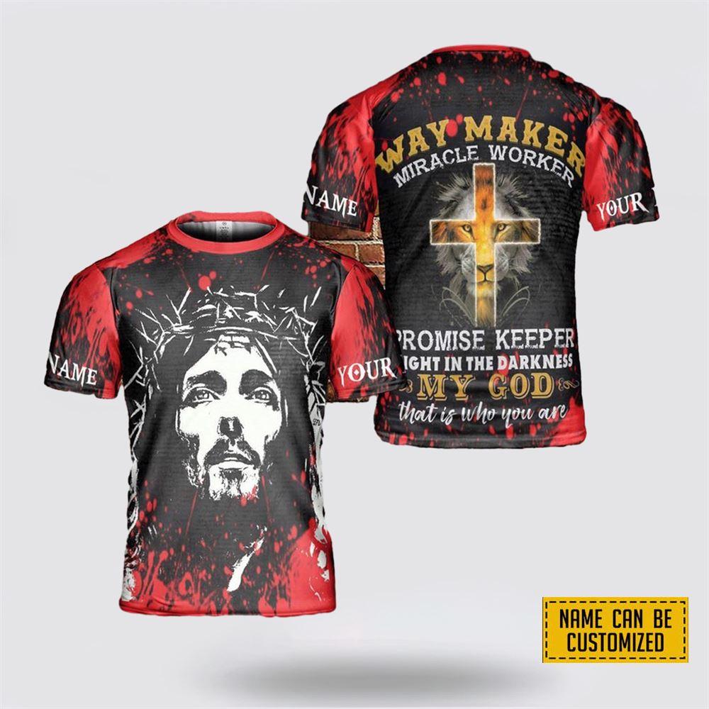 Custom Name Lion Jesus Cross Way Maker All Over Print 3D T Shirt – Gifts For Christians