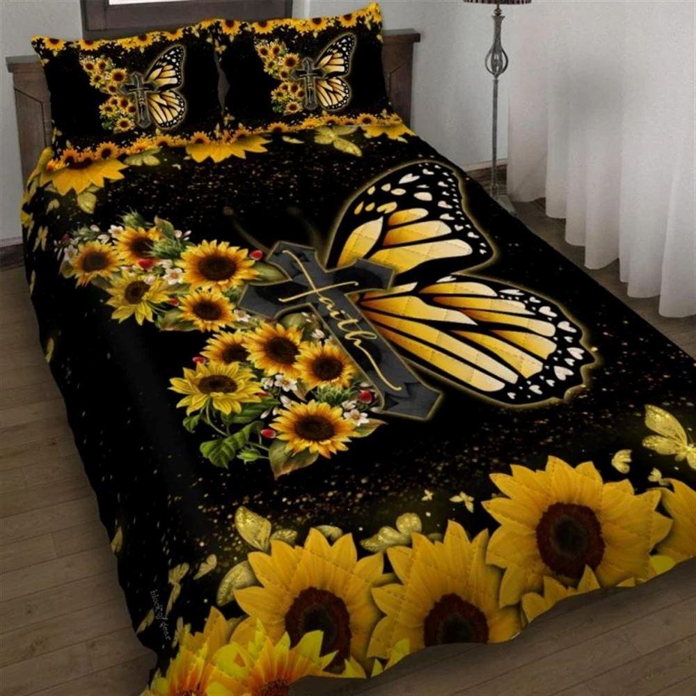 Faith Jesus Christ Butterfly Sunflower Quilt Bedding Set – Christian Gift For Believers Faith Jesus Christ Butterfly Sunflower Quilt Bedding Set – Christian Gift For Believers